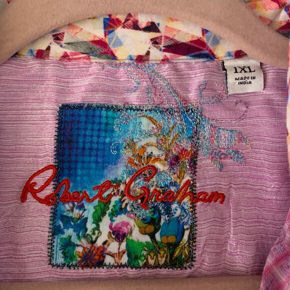 ROBERT GRAHAM Shirt 1X Conlan Classic Fit Contrast Cuffs Point Collar Curved Hem - Picture 6 of 9